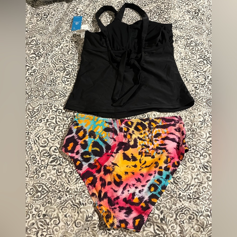 Cupshe Asymmetric Tankini Top & Colorful Leopard Print Bottoms Set - Picture 4 of 5